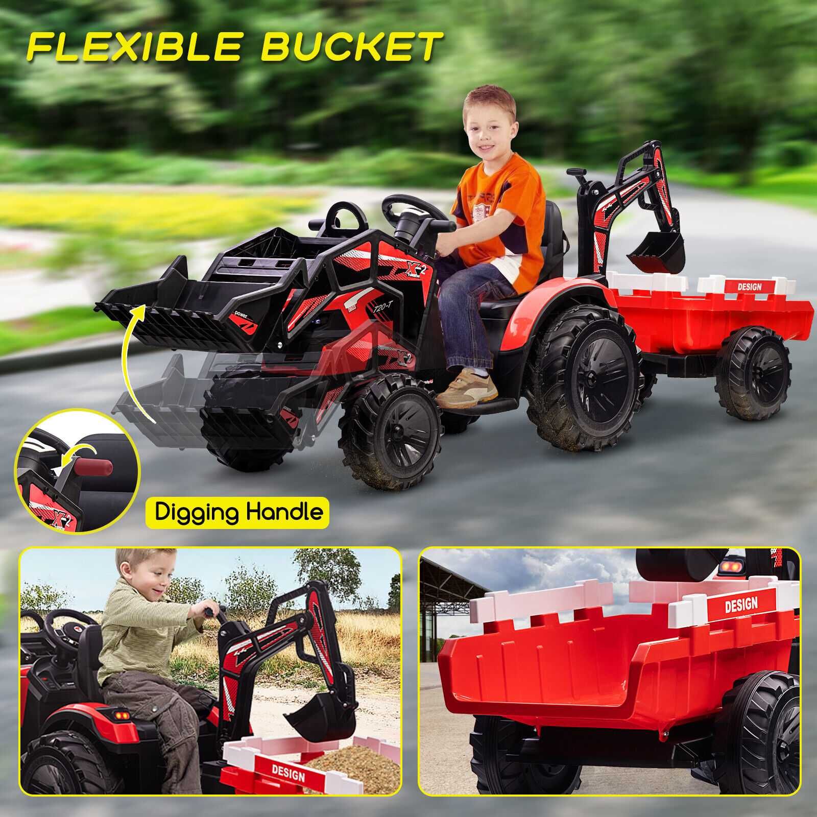 Акумулаторен Трактор Digger 24v батерия Висока версия с ремарке