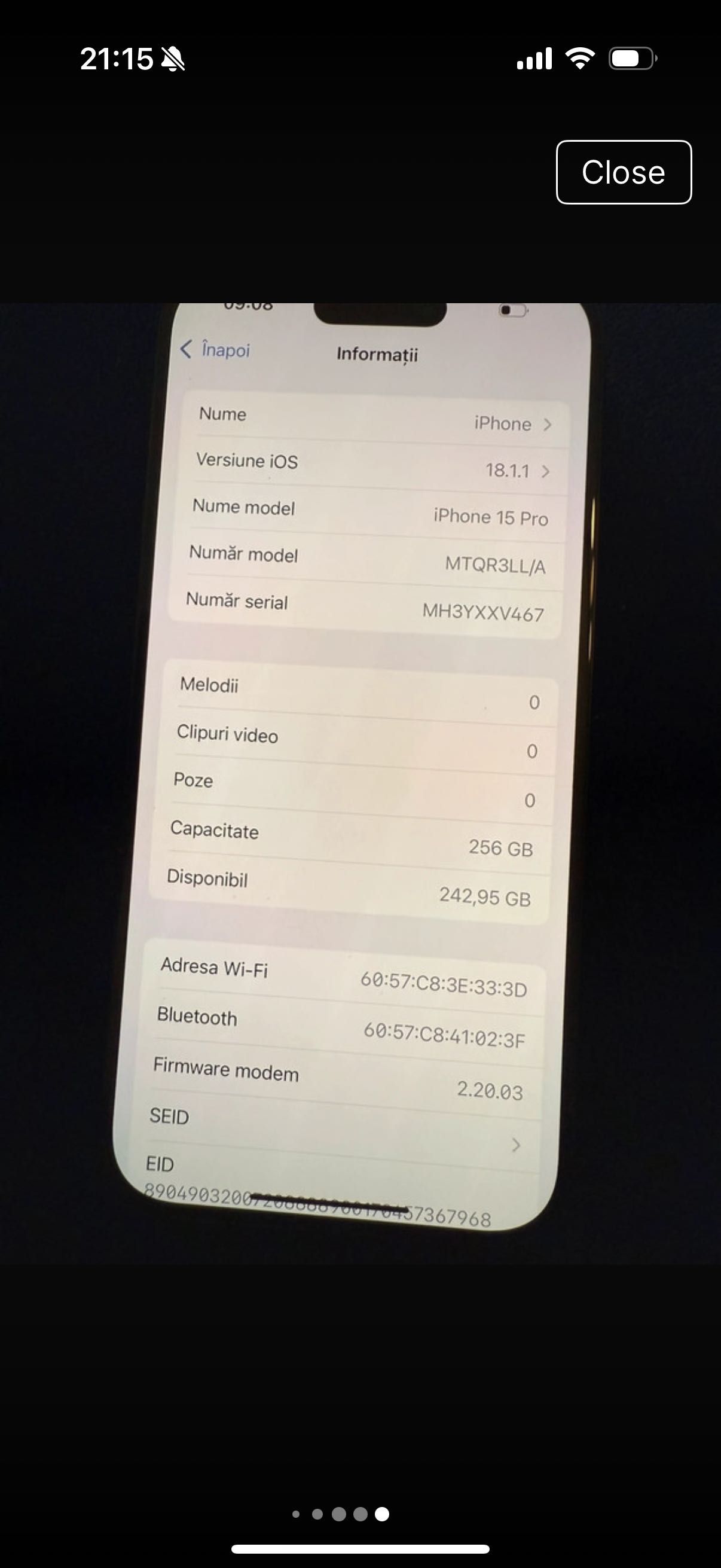 iPhone 15 pro black cu E-SIM 256gb