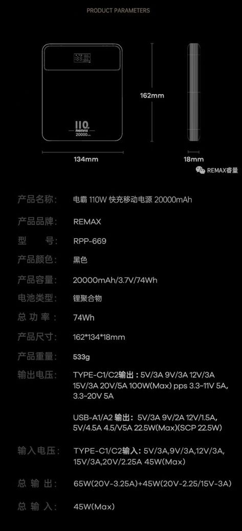 Remax RPP-669 Dimba PD 110W 20000mAh Power Bank for MacBook/iPad/Tab