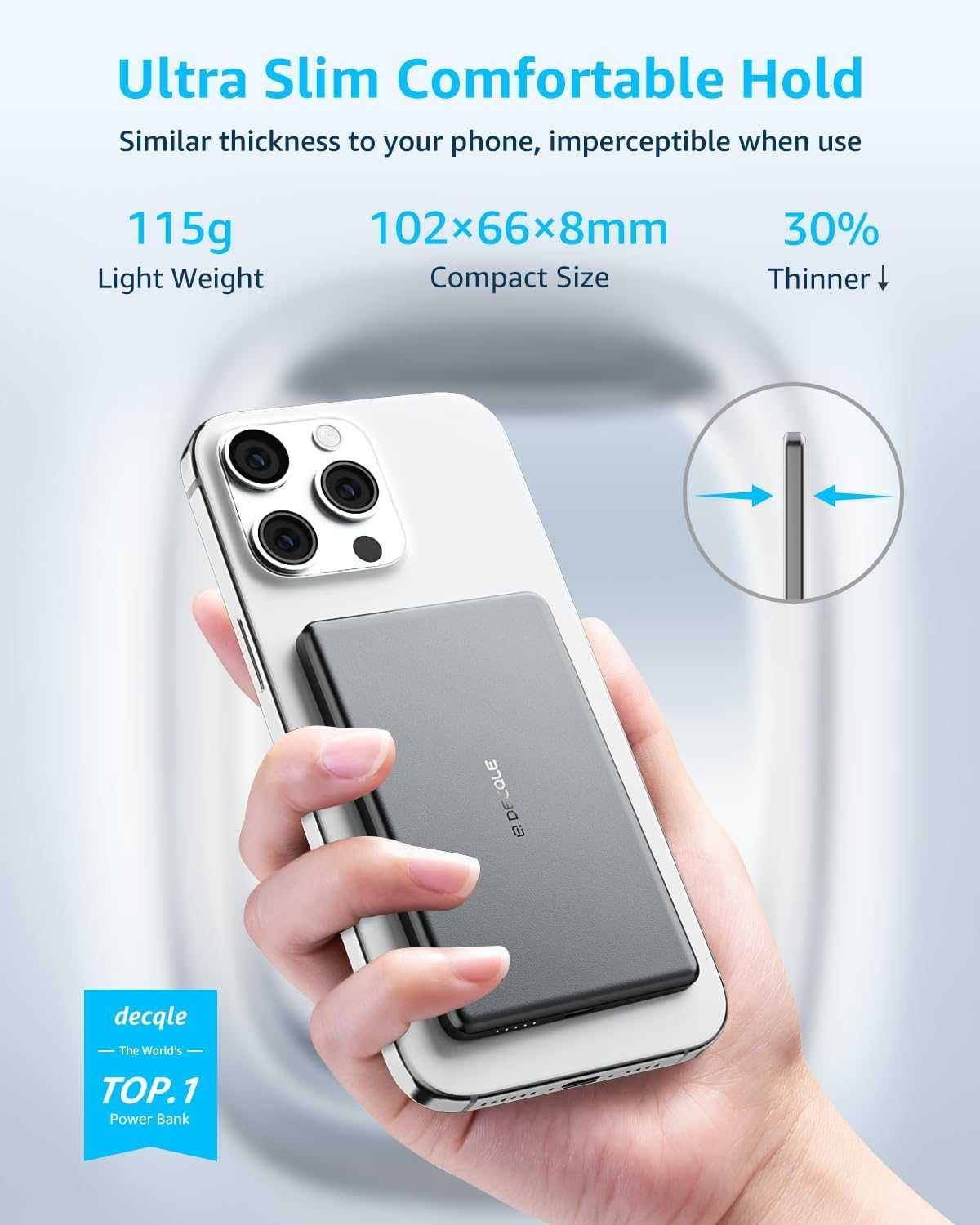 decqle “Air” магнитна външна батерия 5000mAh с USB-C кабел, сива