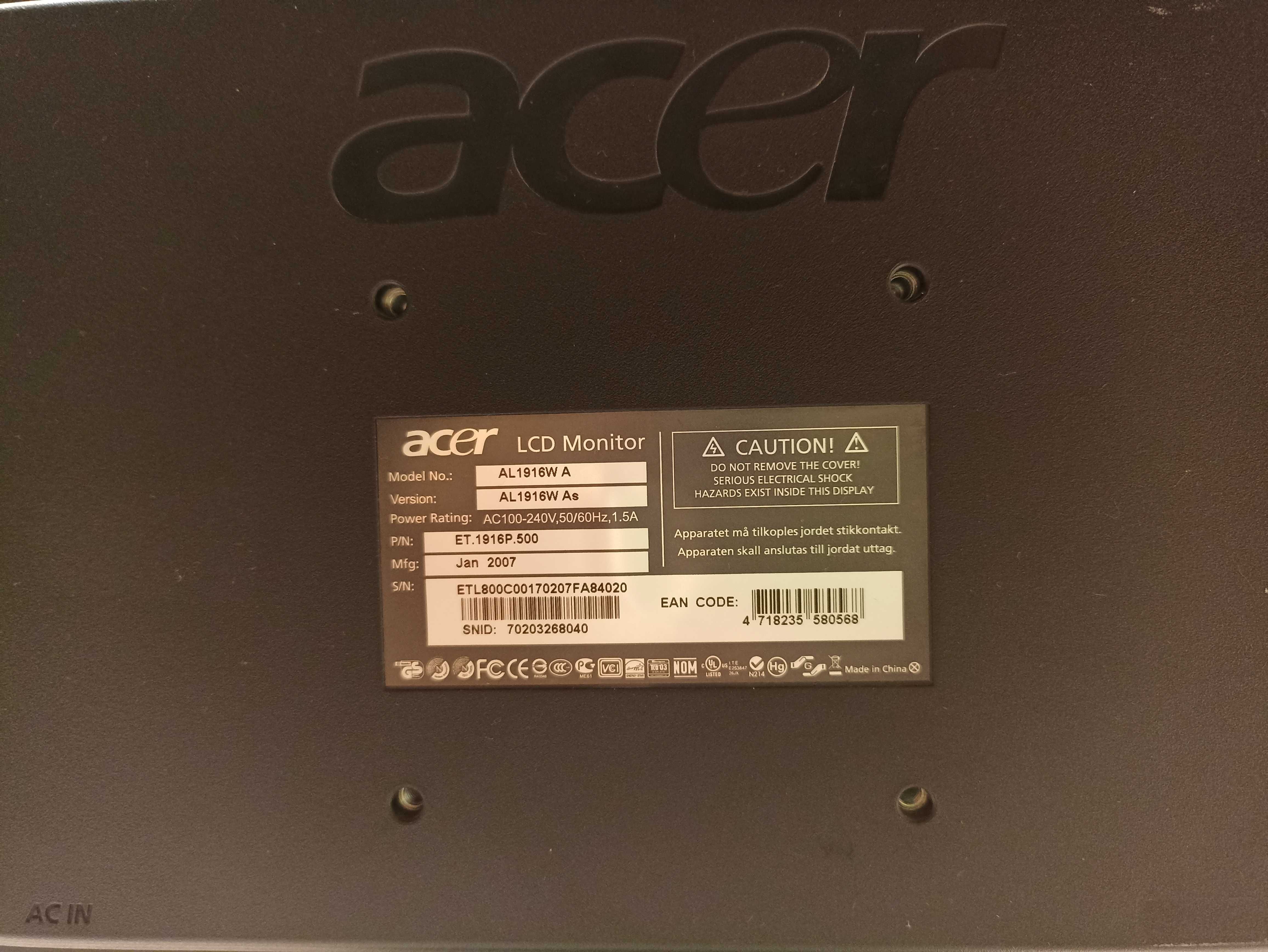 Монитор Acer 19" AL1916W, 1440x900, 75 Гц