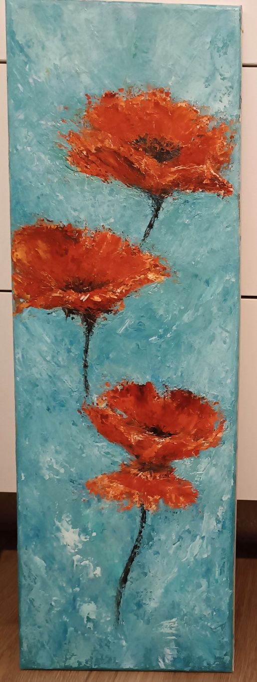 3 Tablouri in ulei pe canvas, " Poppies in the Wind..", 50/20 cm.