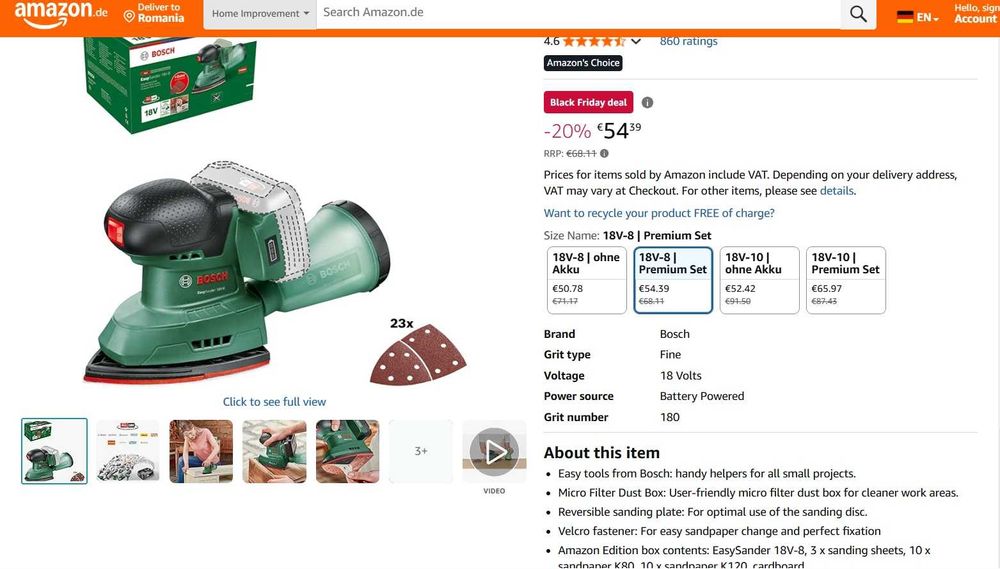 Slefuitor Bosch EasySander 18V-8 fara acumulatori si incarcator