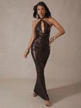 Rochie R03 Maro Lucioasa Lunga cu Spatele Gol stil Zara