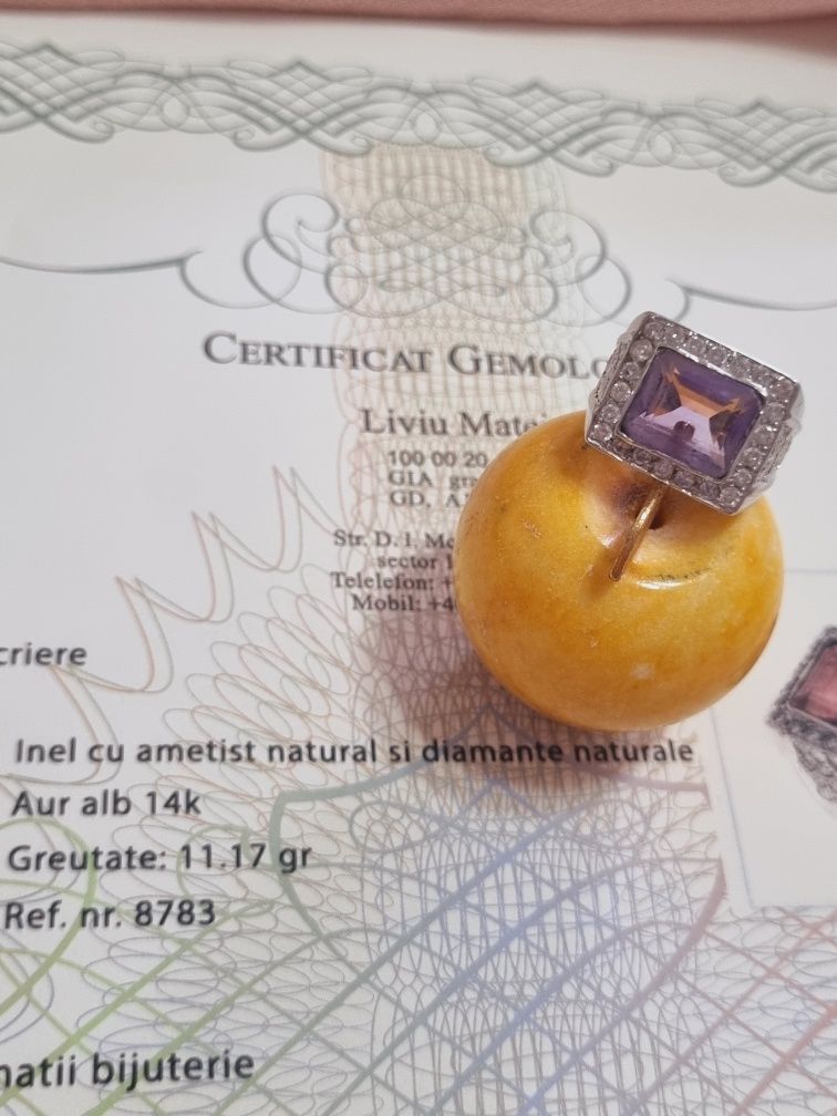 Inel aur 14k cu ametist natural si diamante naturale/1.64ct certificat