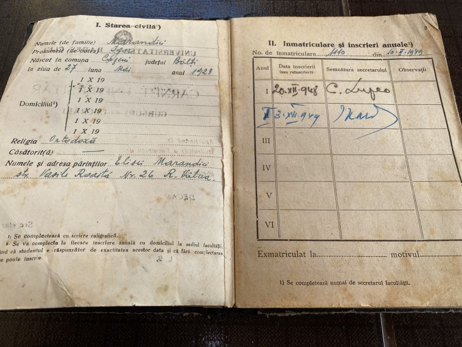 Carnet studentesc 1946 Universitatea Babes