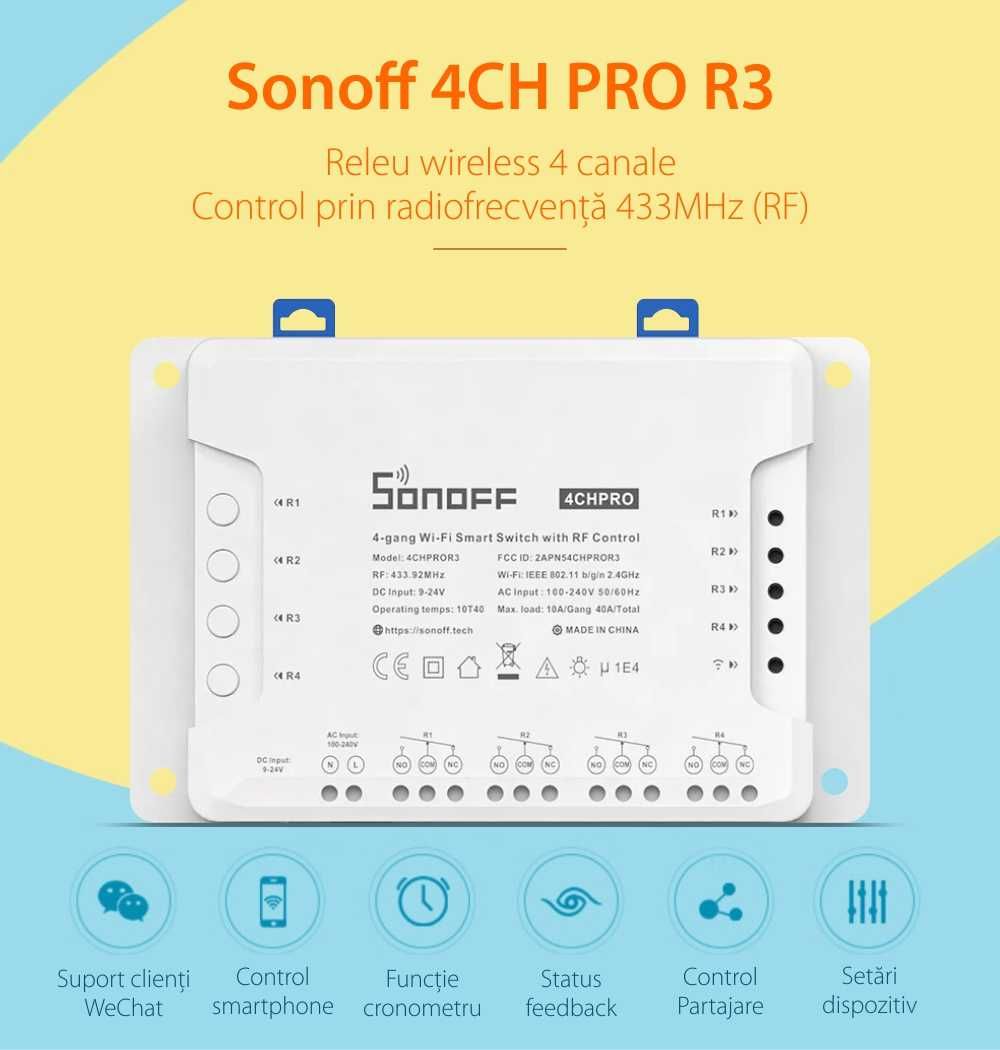 Sonoff Releu smart 4 canale cu receptor RF 433MHz WiFi Sonoff 4CHProR3