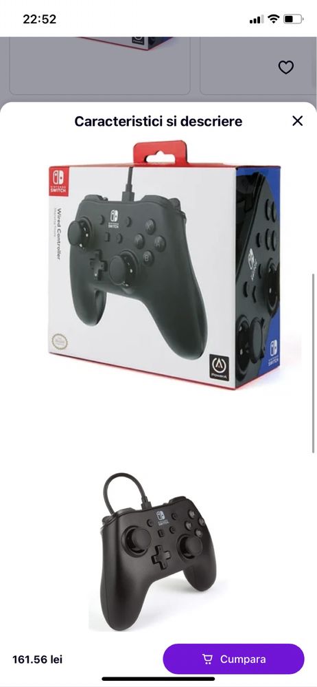 Controler cu fir PowerA pentru Nintendo Switch - Negru Original,nou