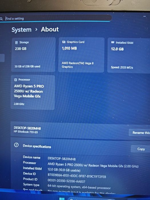 HP EliteBook, Ryzen5 pro, 12gb, 256gb