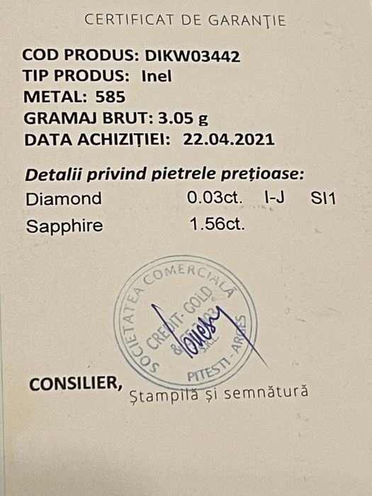 Inel Teilor aur 14k, diamante și safir 1,56ct , marimea 48