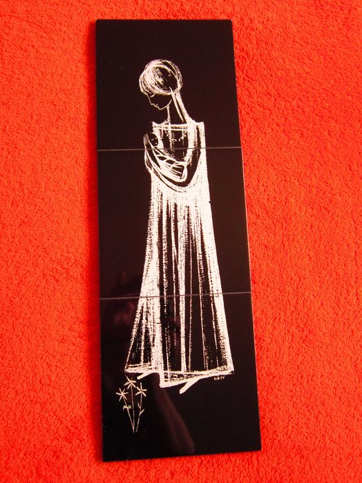 Craciun cadou rar  Maria cu pruncul  MidCentury stilizat pictat semnat