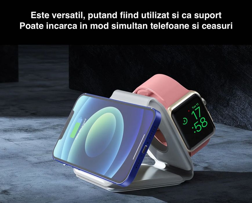 Incarcator Wireless Magnetic Pliabil 3in1, Incarcare rapida, Alb