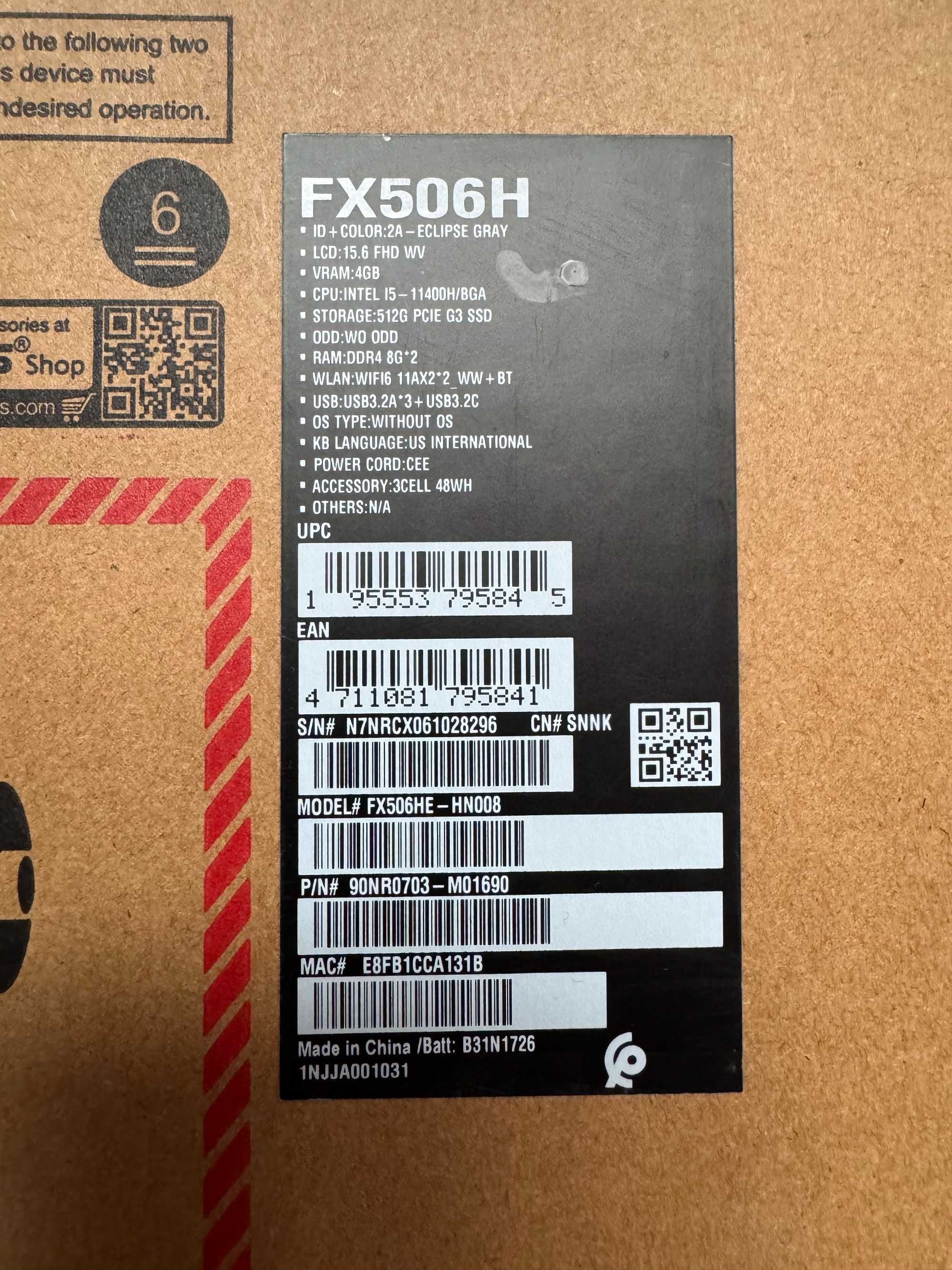 Vand Laptop Gaming Laptop ASUS TUF F15-FX506H, I5-11400H, RTX3050TI-4G