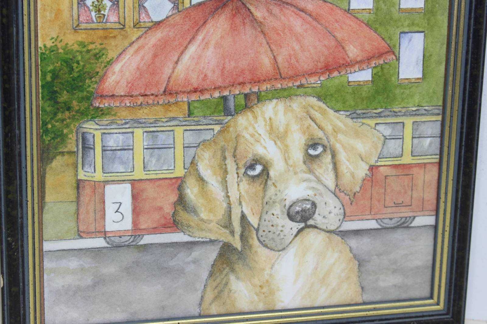 Стара рисунка в стилна рамка Куче под дъжда. Внос Холандия