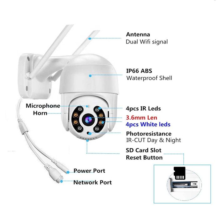 WiFi PTZ Външна Широкоъгълна Въртяща Камера 8MP Full HD