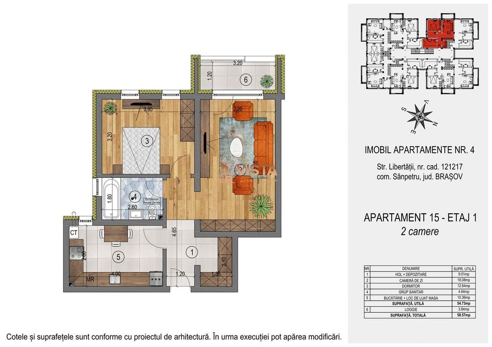 Orizont Residence Sânpetru , Apartament 2 camere-54.73 mp, Sanpetru