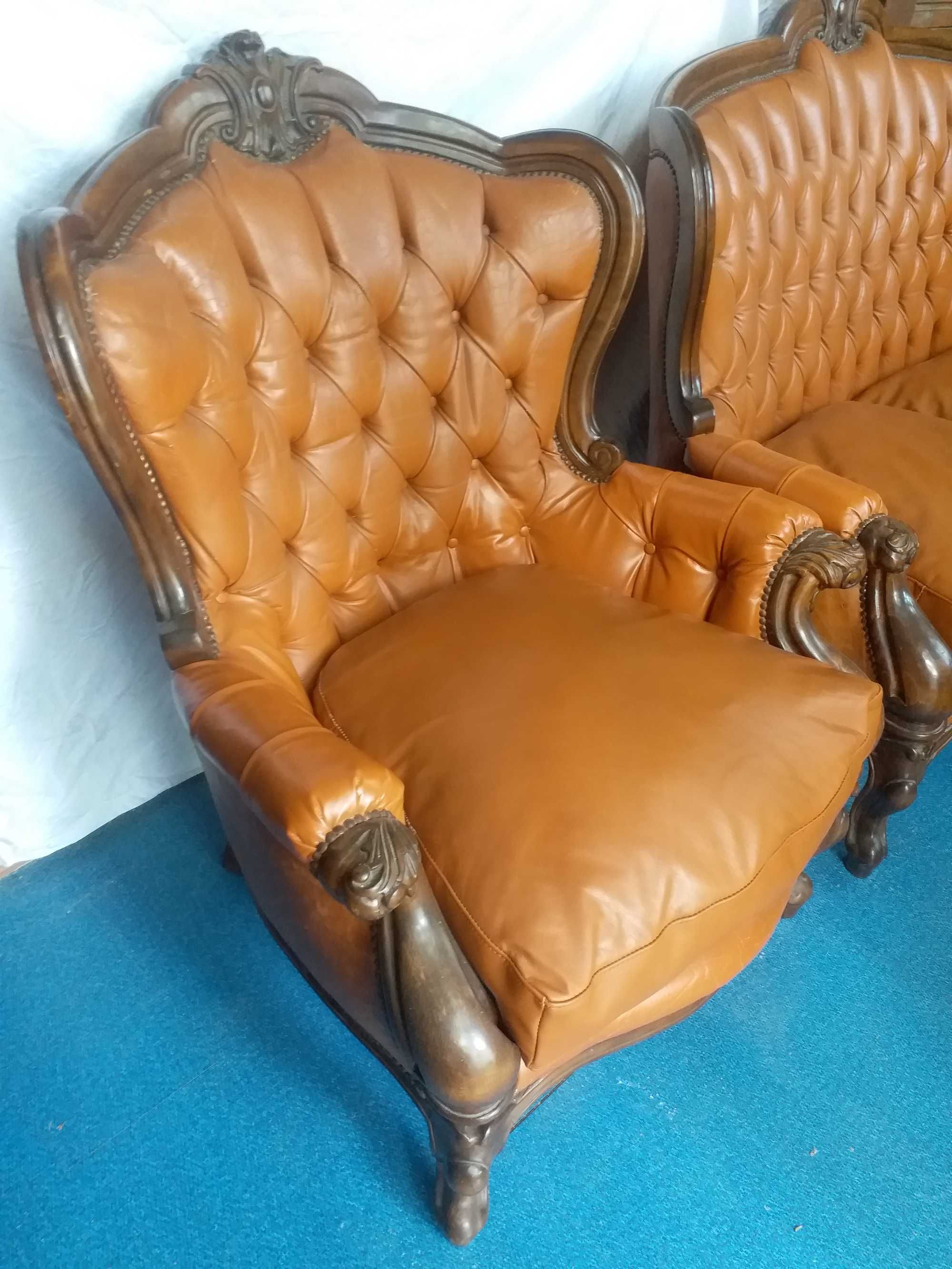 Set antic italian canapea 2 fotolii baroc piele naturala Chesterfield