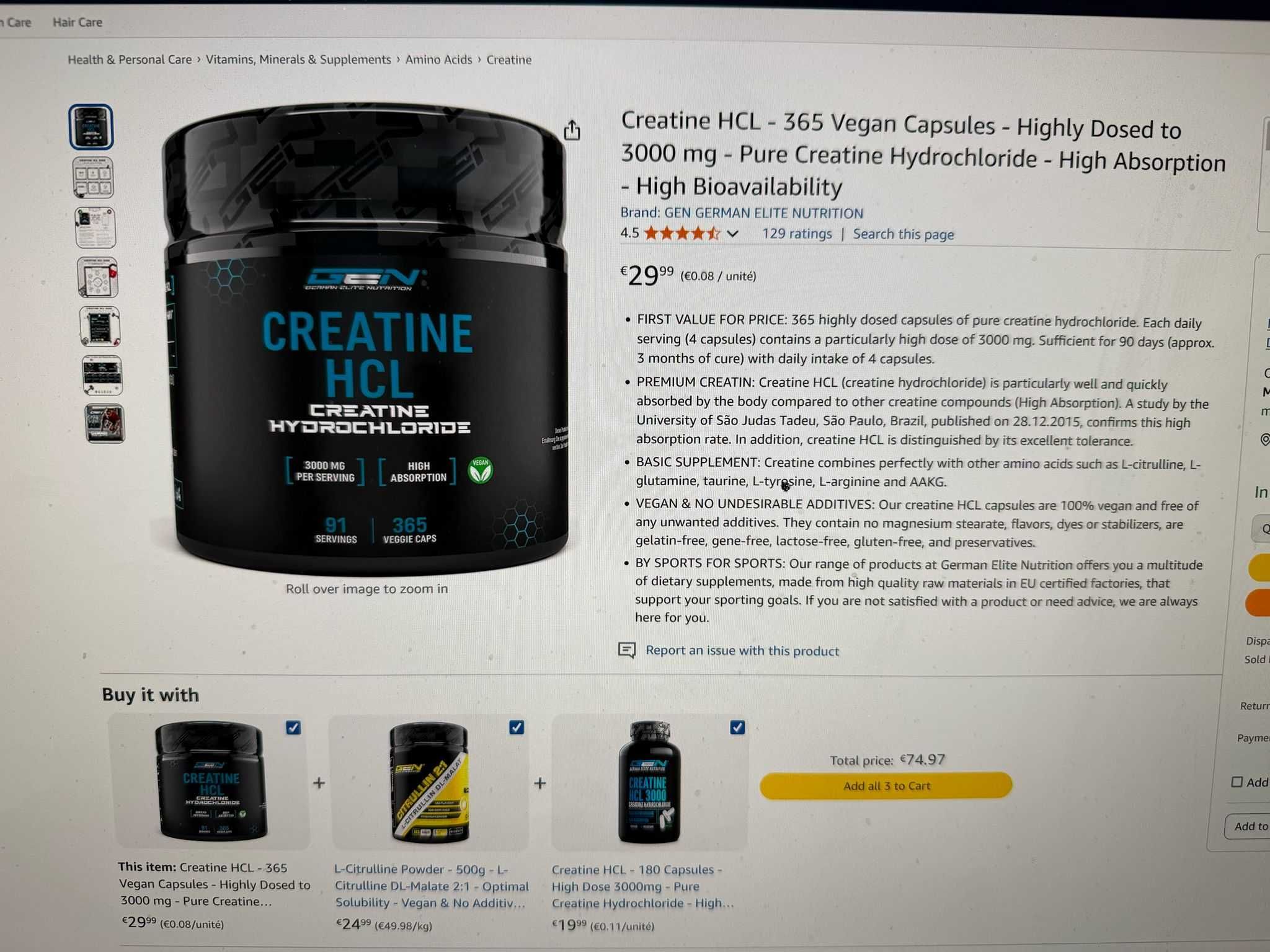 Creatina HCL 3000- 365 caps 3000 mg-Clorhidrat de creatină pură