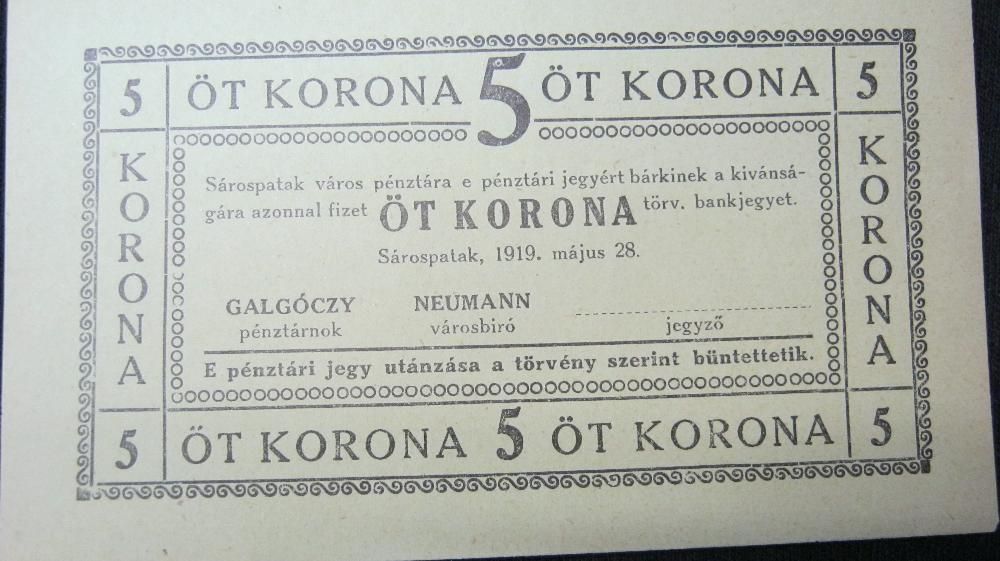 Bancnote de necesitate,Sarospatak,Ungaria,1919