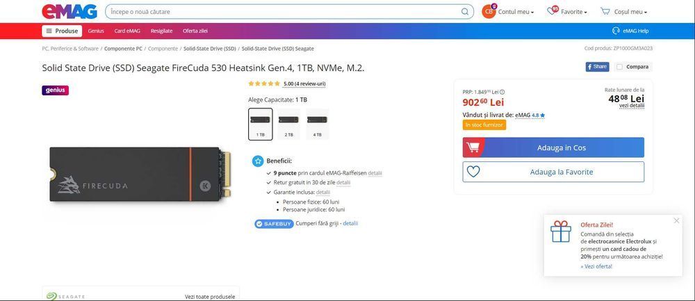 SSD Seagate Firecuda 530 Heatsink 1TB M.2 PS5 NOU SIGILAT