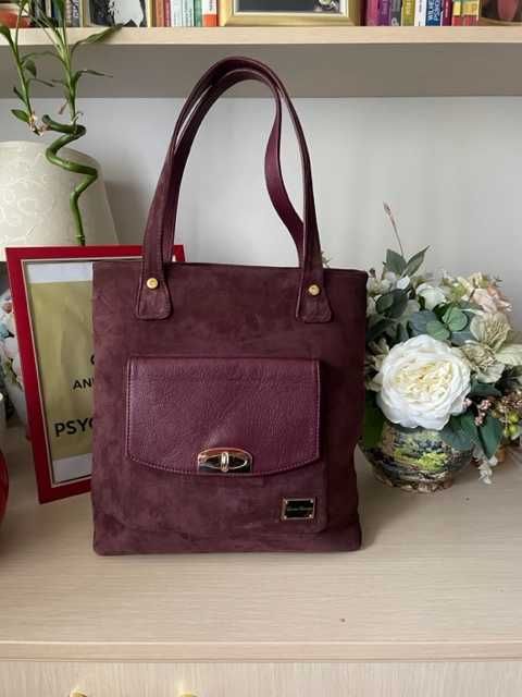 Geanta piele naturala si piele intoarsa bordo/ visinie