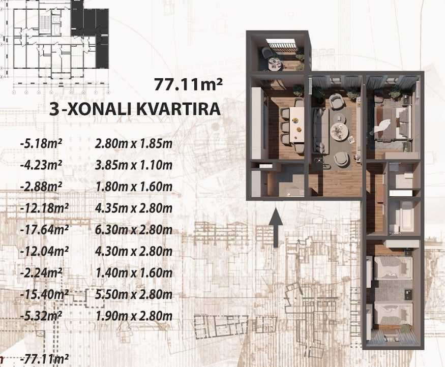 3-х комнатная квартира под ключ (707)