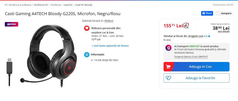 Casti Gaming A4TECH Bloody G220S, Microfon, Negru/Rosu