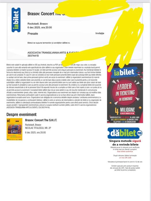 Vând 2 bilete la Concertul The S H I T 6 Decembrie -Brașov