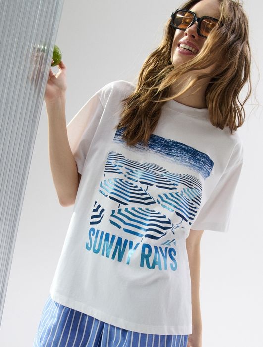 Нова дамска бяла тениска памук с принт Sinsay размер XXS