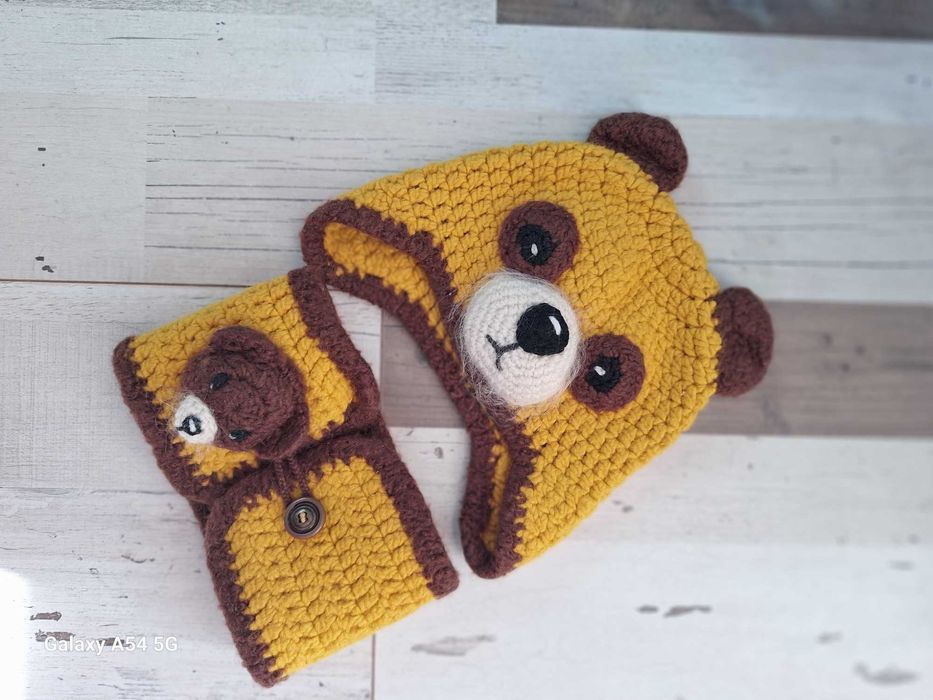 Детска вълнена шапка и шал мечо