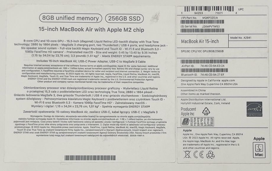 Apple MacBook Air (15.3" 2023) M2 Chip/8GB RAM / 256 GB SSD/ SpaceGray