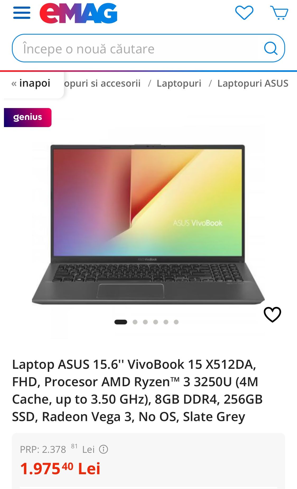 Laptop Asus Vivobook X512D 256Gb SSD 8Gb DDR4 15,6" Amprenta