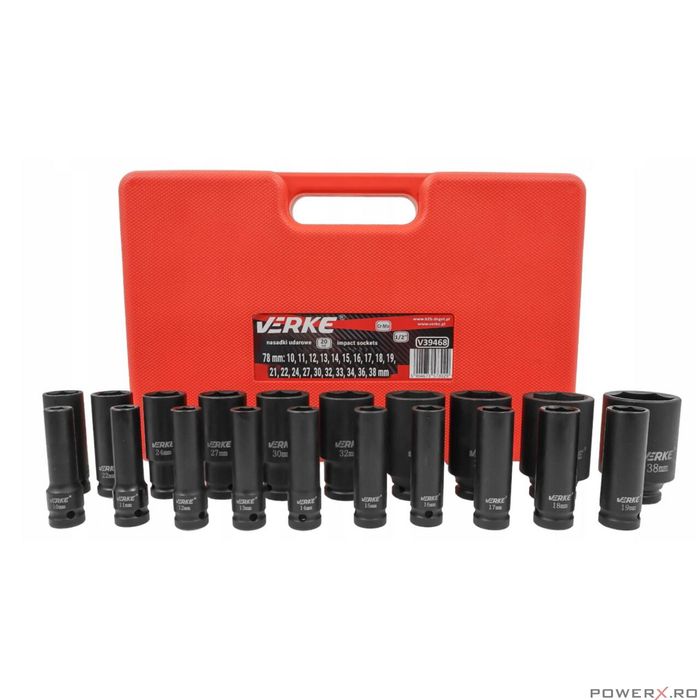 Set chei tubulare de impact lungi, 1/2" 10 - 38 mm, 20 piese, Verke