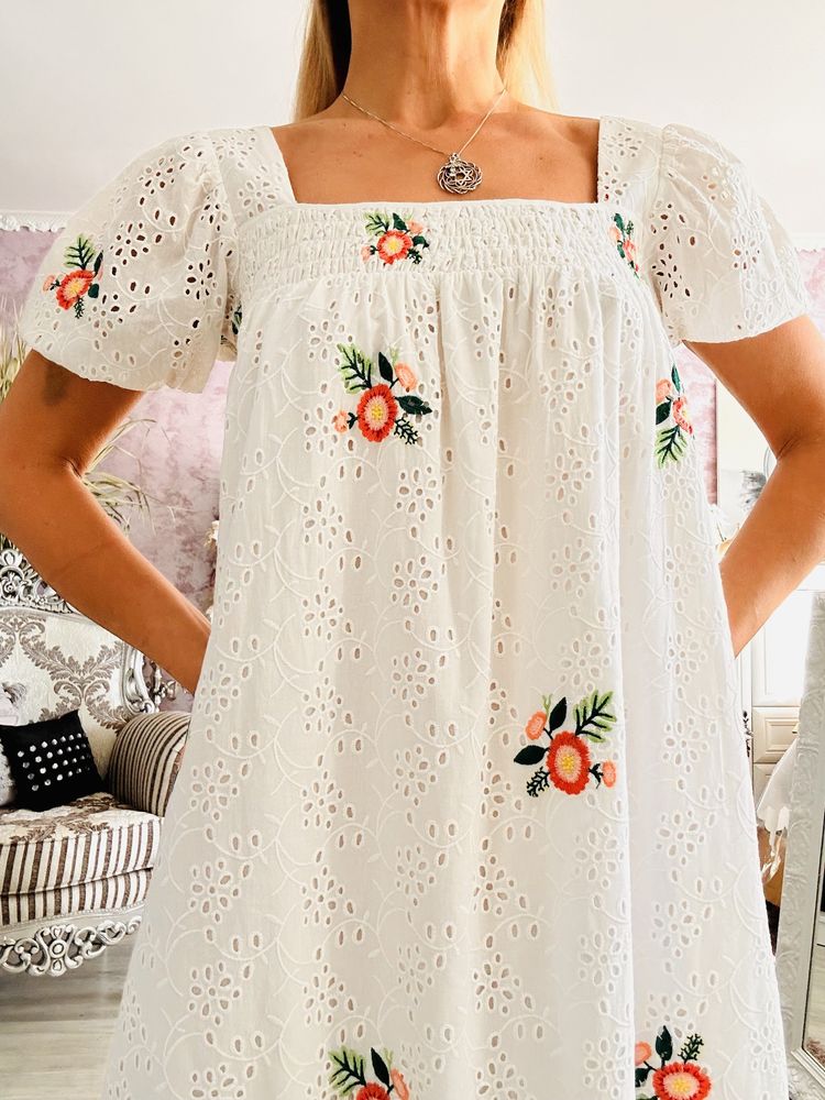 Rochie lunga bumbac brodat, print floral! Pret real 100€