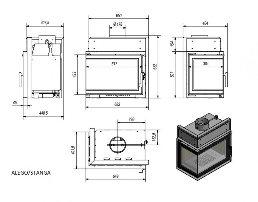 Semineu colt samotat 10kw, modern,garantie 5 ani, transport gratuit