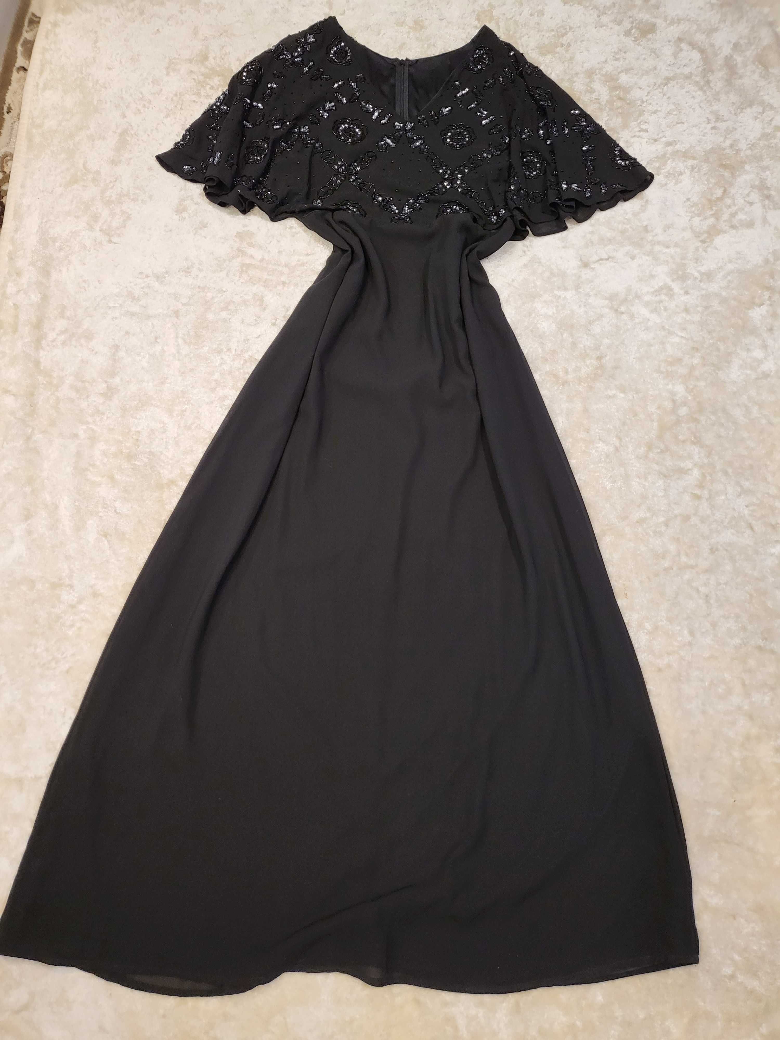 rochie lunga eleganta, margele, matase, 46, noua, neagra, XL