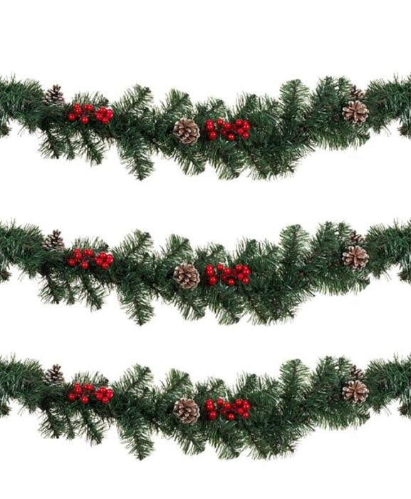 Коледен гирлянд, Елхови клонки, Шишарки, Червени плодове, 2.7 м, Зелен