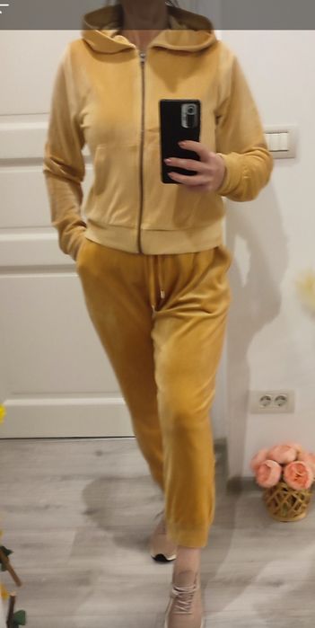 Trening gros din catifea fină, superb, 2 piese, galben auriu, S- M,