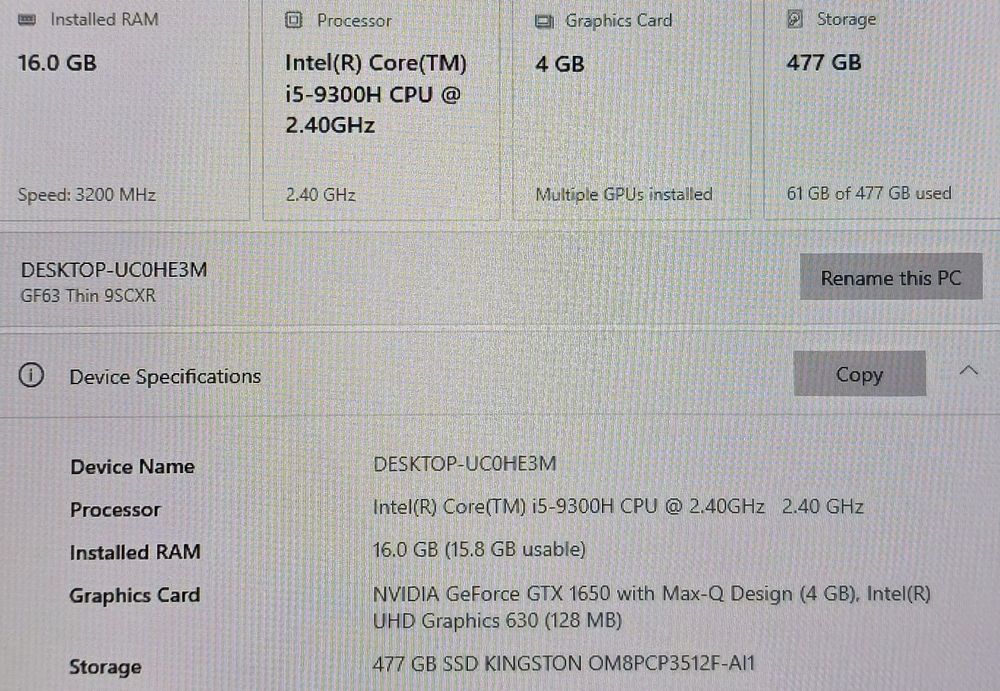 Placa baza laptop MSI GF63 i5 9300H 4.1GHz 8CPUs 16GB RAM GTX 1650