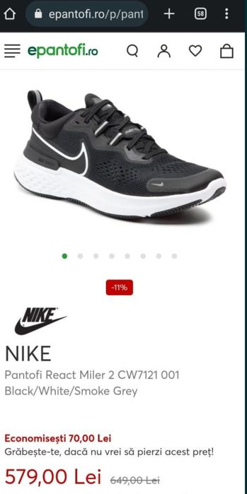 Adidasi jogging Nike React Miler, masura 43 / 27,5 cm.