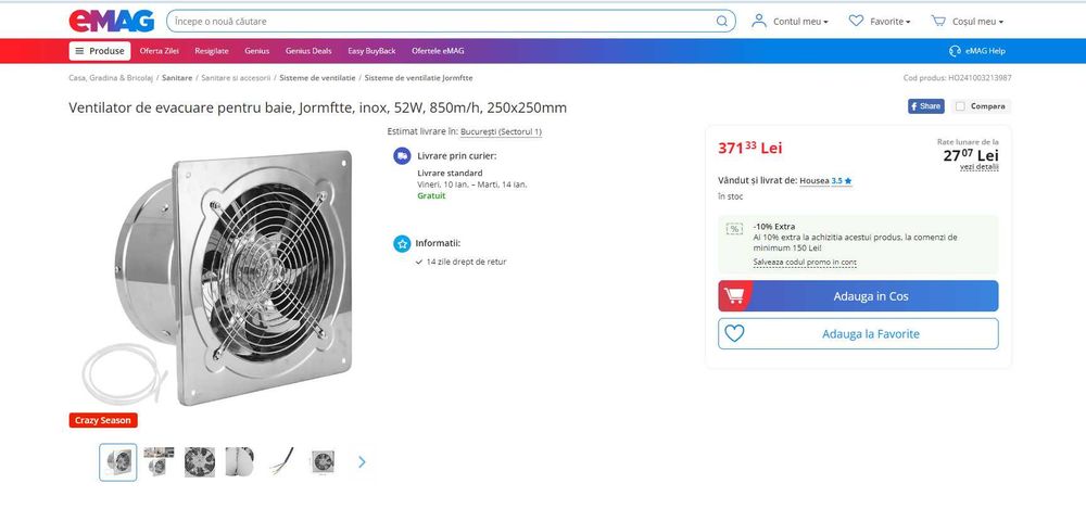 Ventilator Industr Metalic 25cm+ clapeta antiretur, REDUS de la 370RON