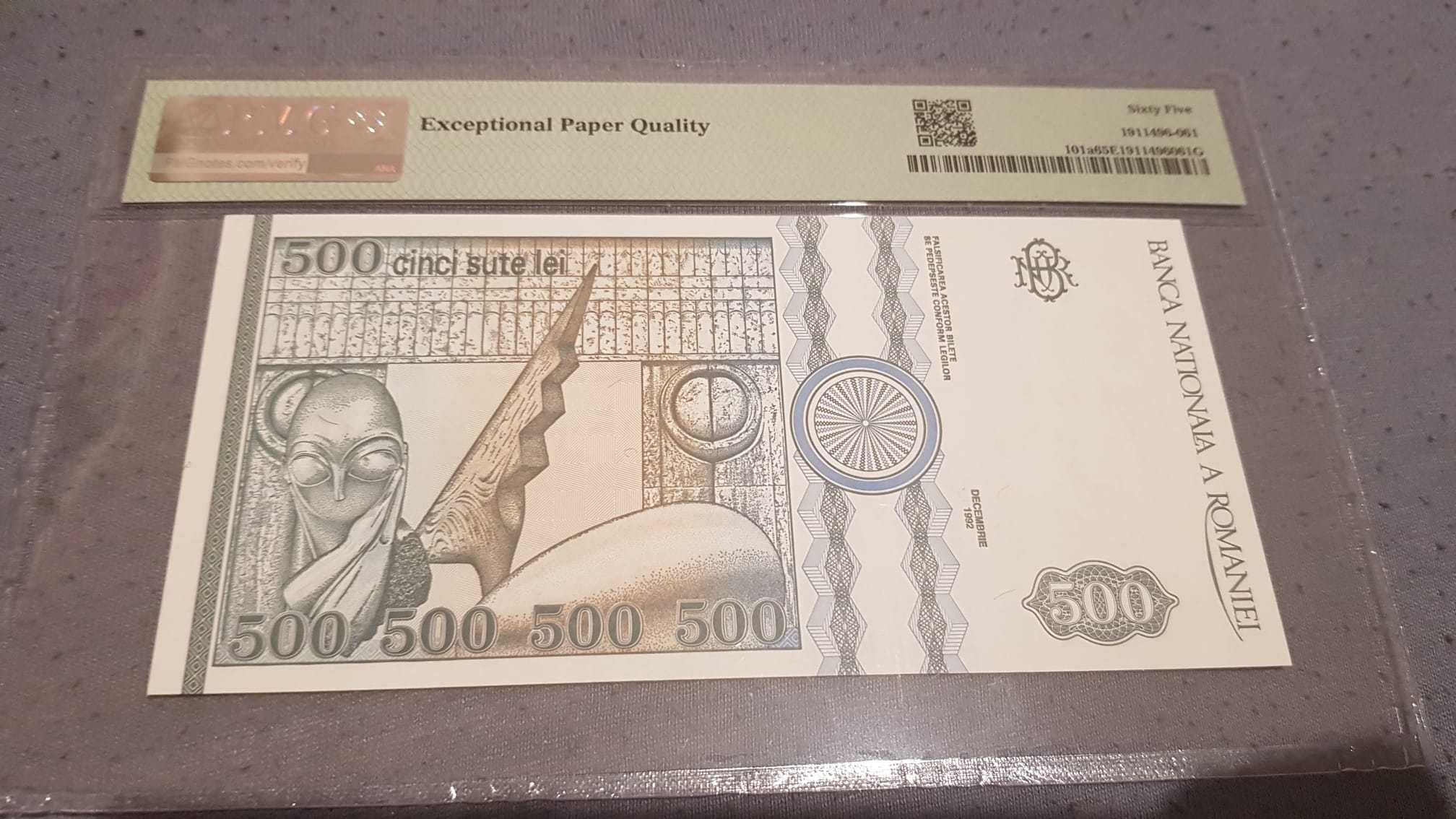 Bancnotă GRADATA - România 500 LEI 1992 - PMG 66 EPQ (Brancusi - fata)