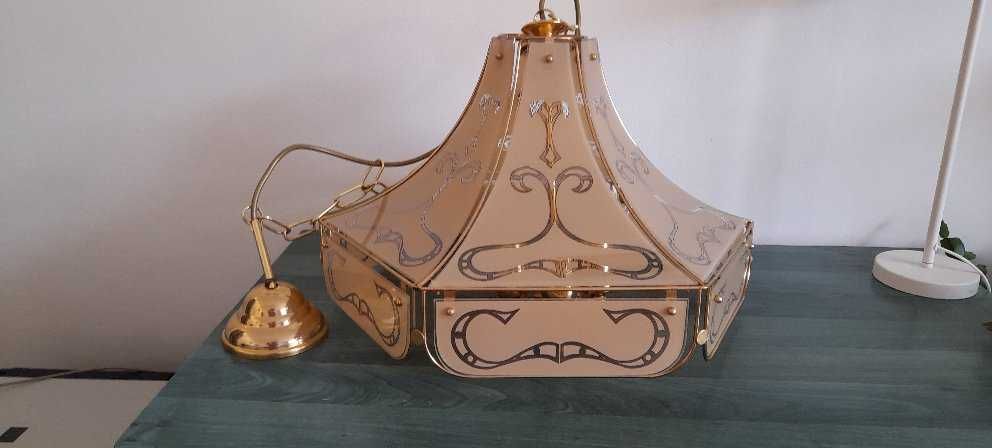 Lustra/lampă tavan din  alama aurita / panouri sticla -  stil vintage