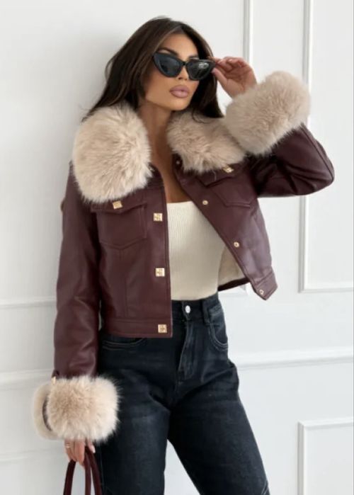 Дамско кожено яке с яка - Ново