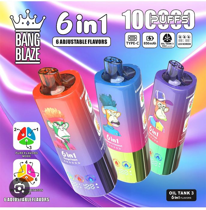 Exclusiv! 2 X Bang Blaze 100000 Puffs 6 Arome in 1 Reîncărcabil