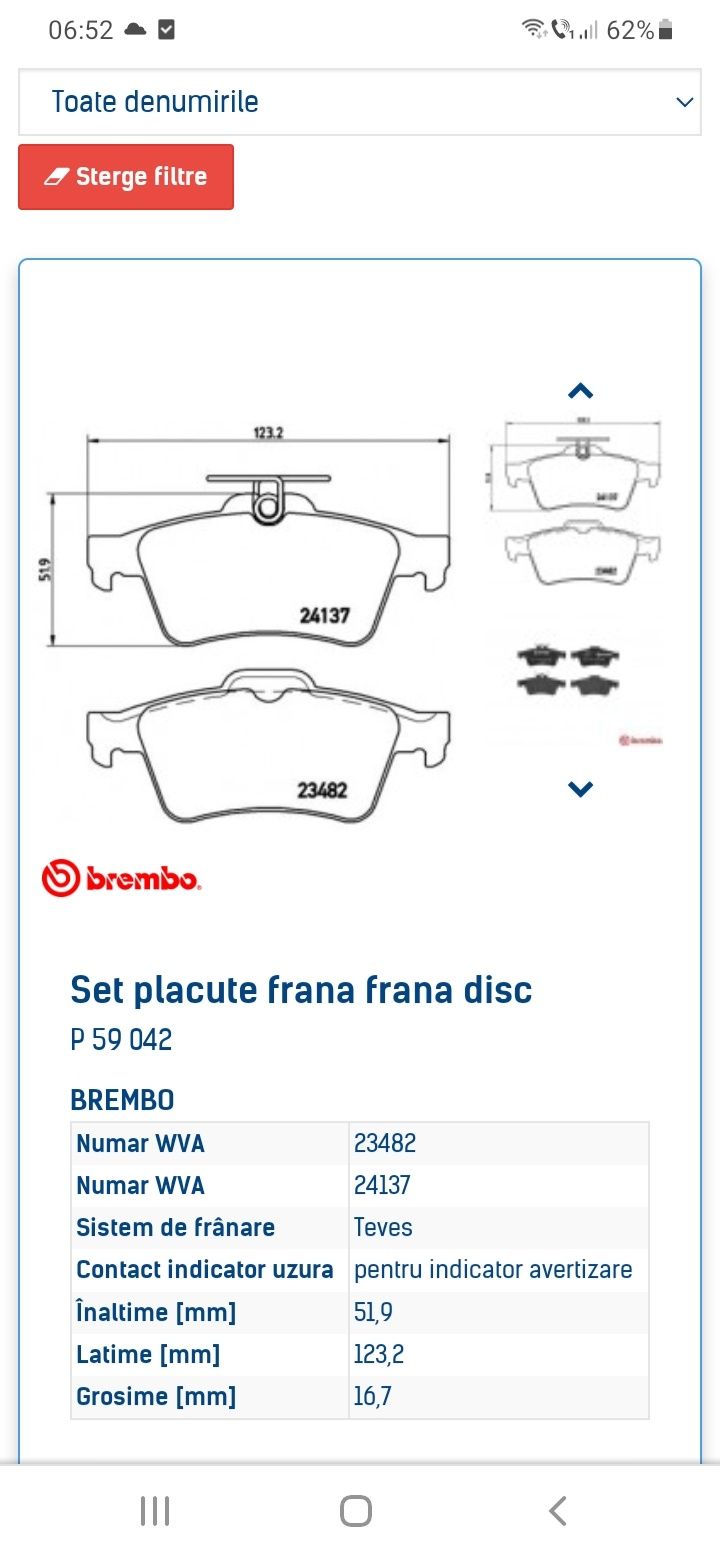 Brembo placute frana spate renault laguna FOCUS Volvo opel mazda Citro