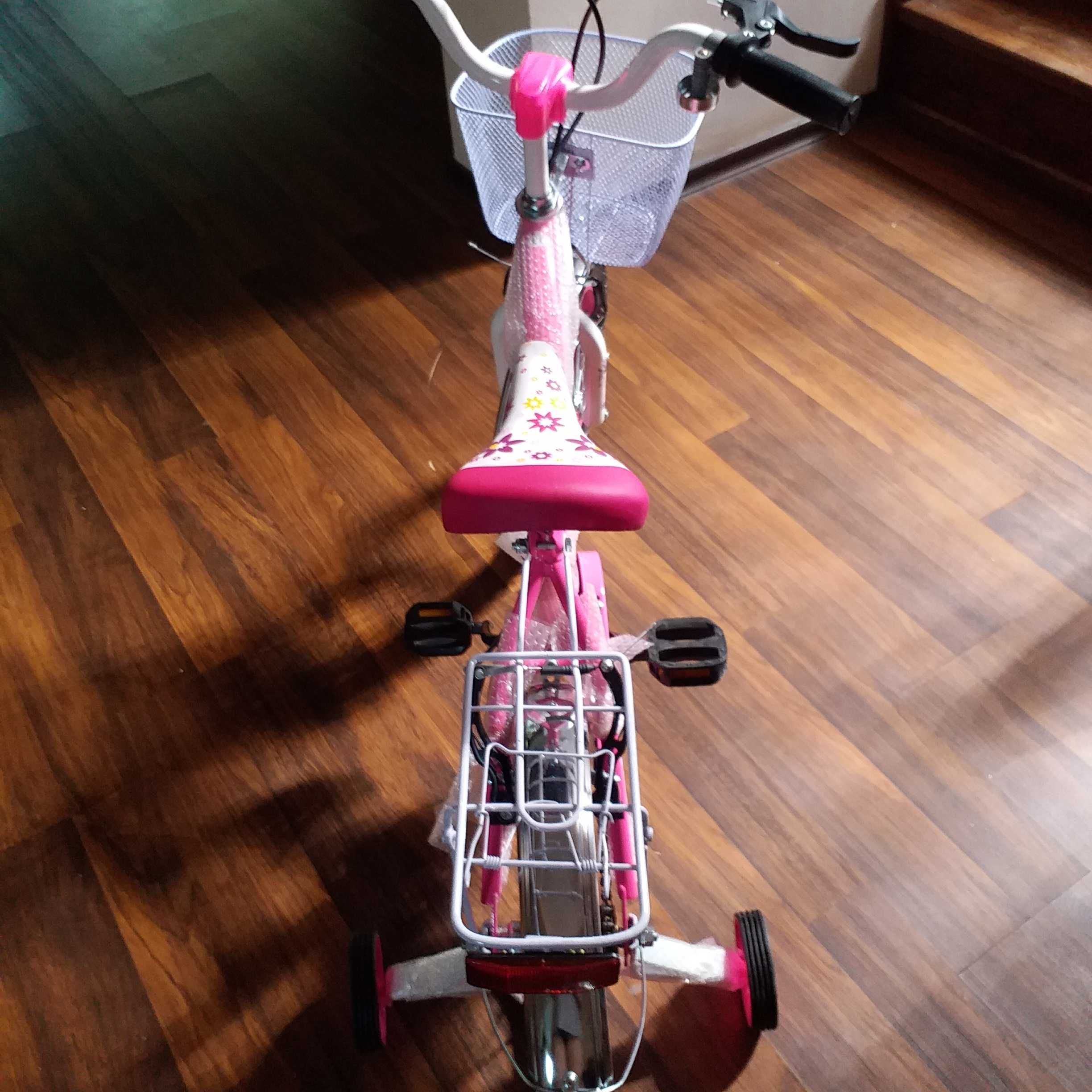 Bicicleta roz, cu roti ajutatoare si cosulet. Noua! 16 inch