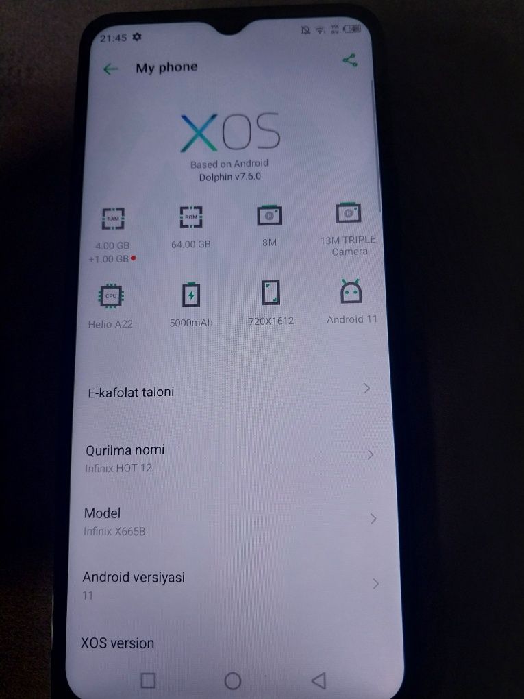 Infinix hot 12i 4/64 xotira
