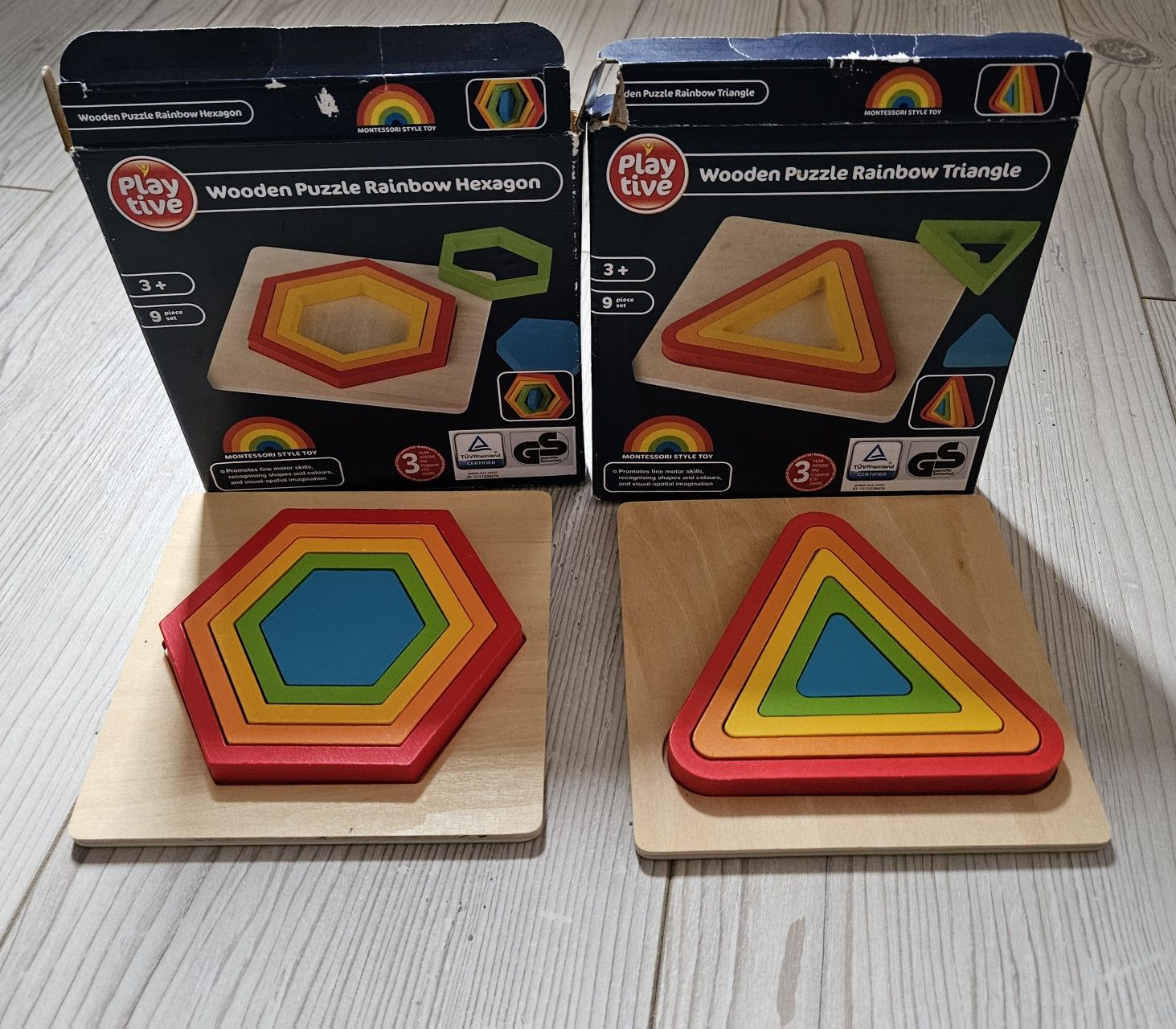 Montessori pentagon si triunghi multicolor din lemn