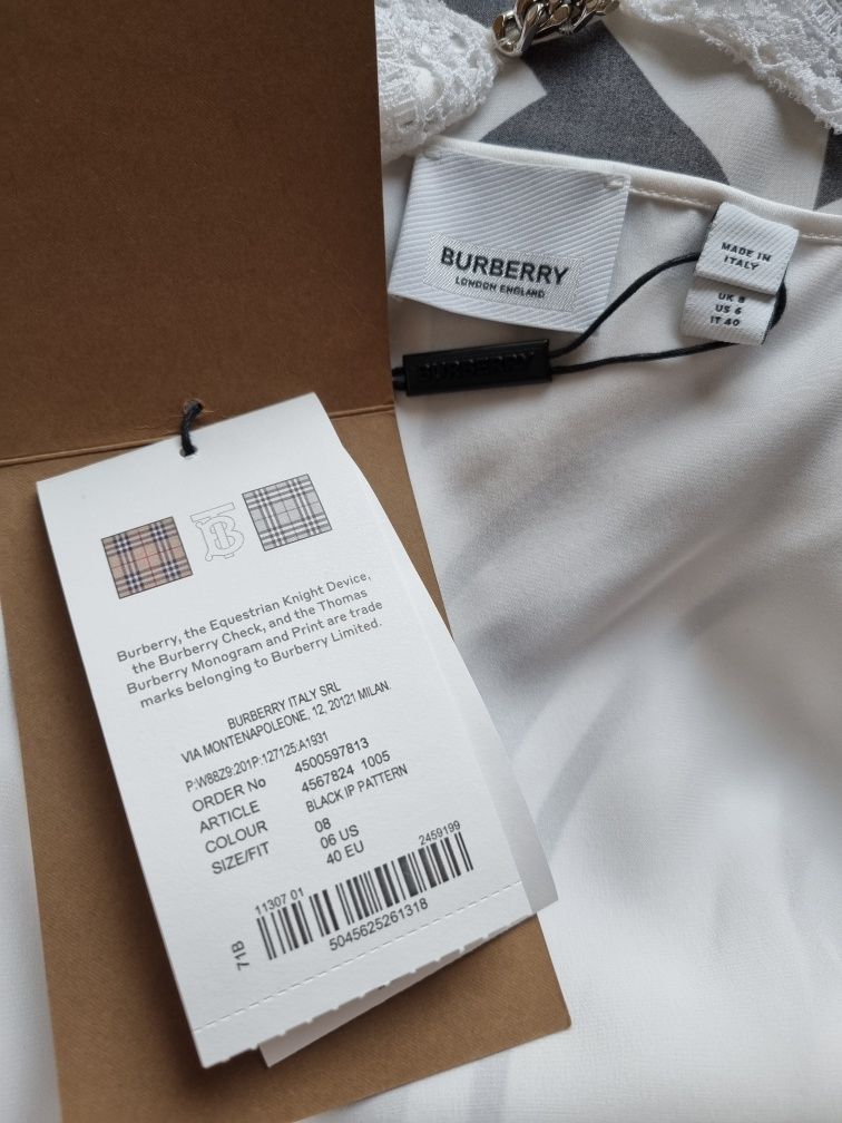 BURBERRY бяла midi рокля S/Mразмер коприна дантела лого официална Нова